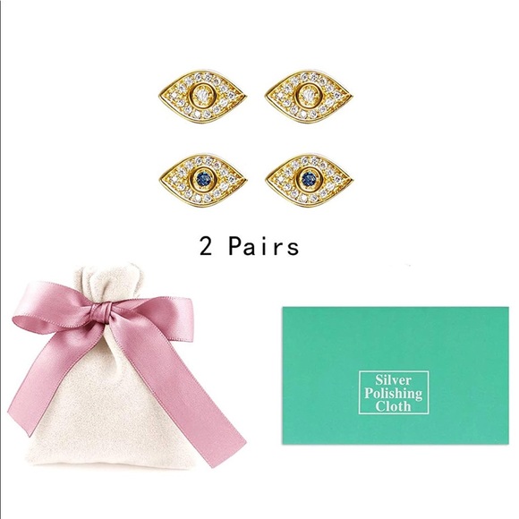 14K Gold Plated Evil Eye Earrings 2 Pairs - Picture 7 of 8